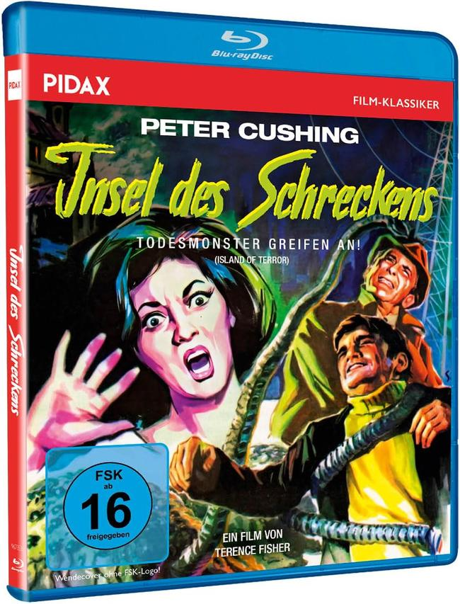Blu-ray-Cover für "Insel des Schreckens" mit einer Horrorszene.