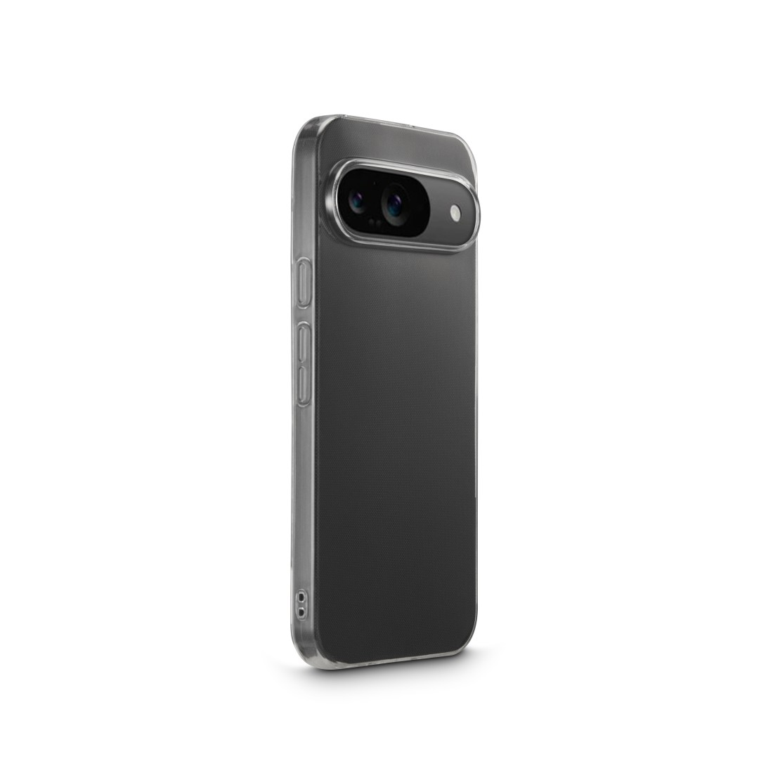 Ein schlankes, schwarzes Smartphone in einer transparenten Hülle, leicht nach links geneigt.