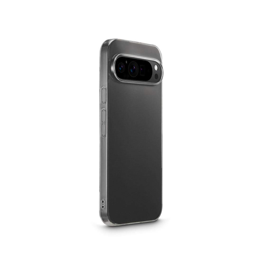 Ein schwarzes Telefon in einer durchsichtigen Hülle, leicht nach rechts geneigt, auf weißem Hintergrund.
