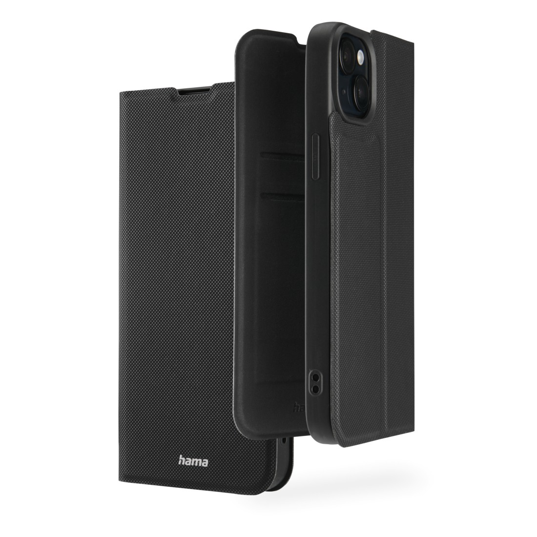Schwarze, offene Handyhülle, die das Telefon im Inneren zeigt. Die Hülle hat eine strukturierte Oberfläche.