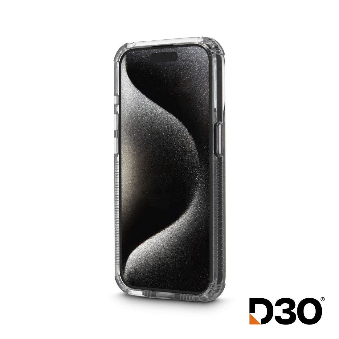 Transparente Handyhülle mit schwarzem Bildschirm. Schutzdesign. D30-Logo sichtbar.