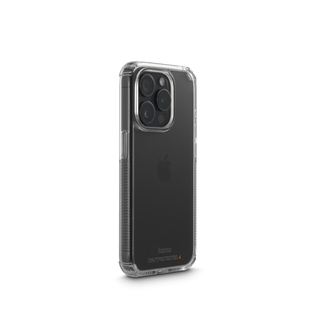 Transparente Handyhülle um ein schwarzes Telefon, Rückseite zeigend.