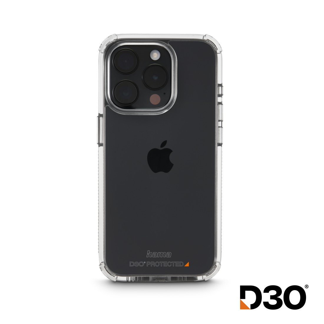 Transparente Handyhülle mit schwarzem Apple-Logo und drei Kameralinsen.