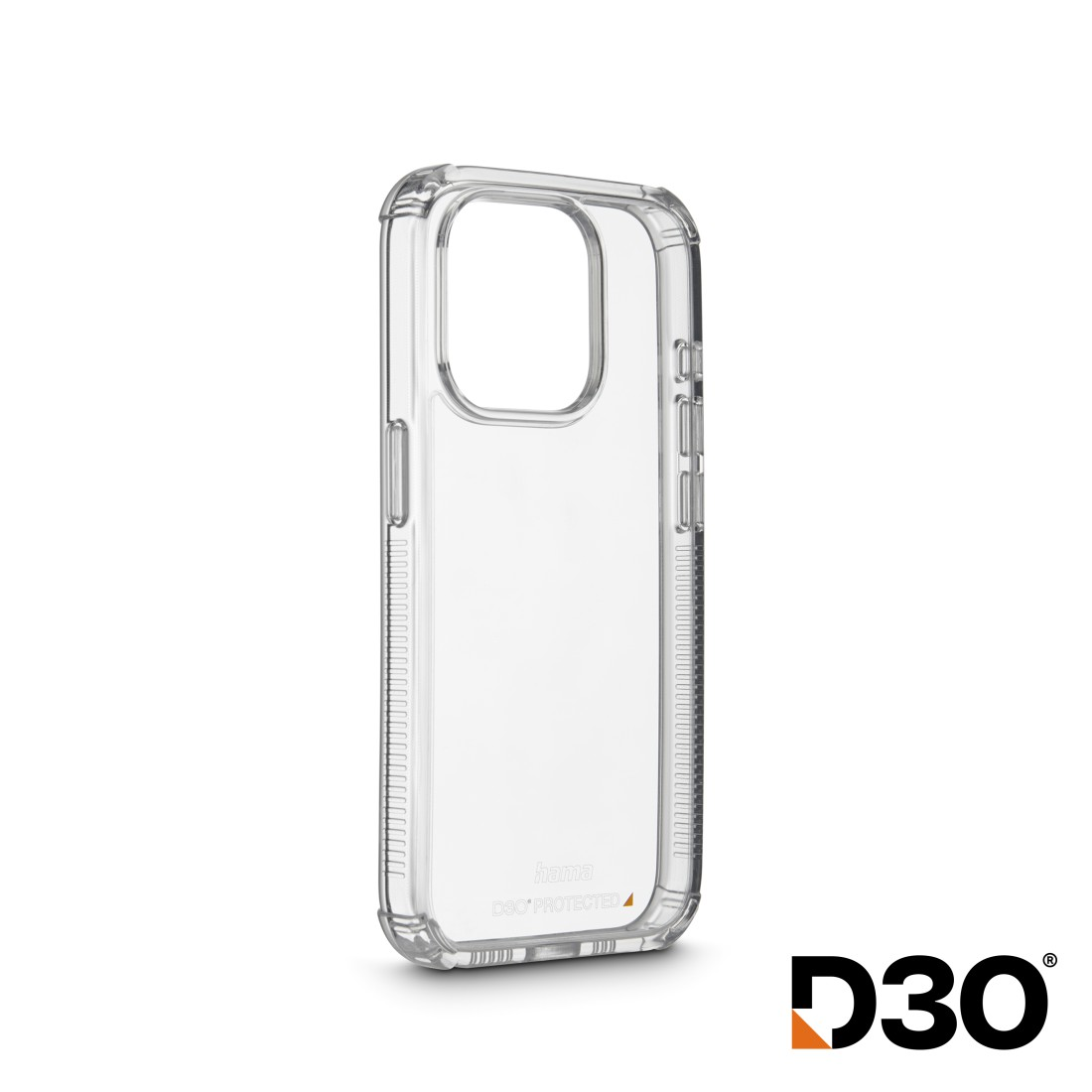 Transparente Hama-Handyhülle mit D3O-Schutz auf weißem Hintergrund.