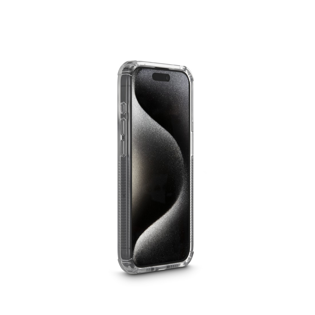 Eine transparente Handyhülle auf weißem Hintergrund. Das Telefon hat einen dunklen, verschwommenen Bildschirm.