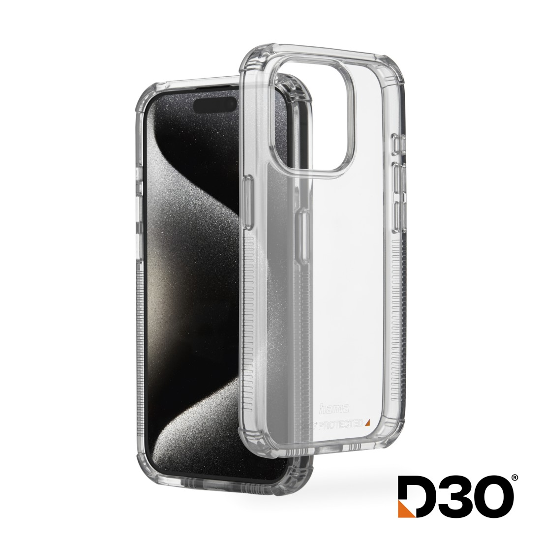 iPhone in einer transparenten Schutzhülle. Die Hülle ist transparent mit schwarzen Rändern.