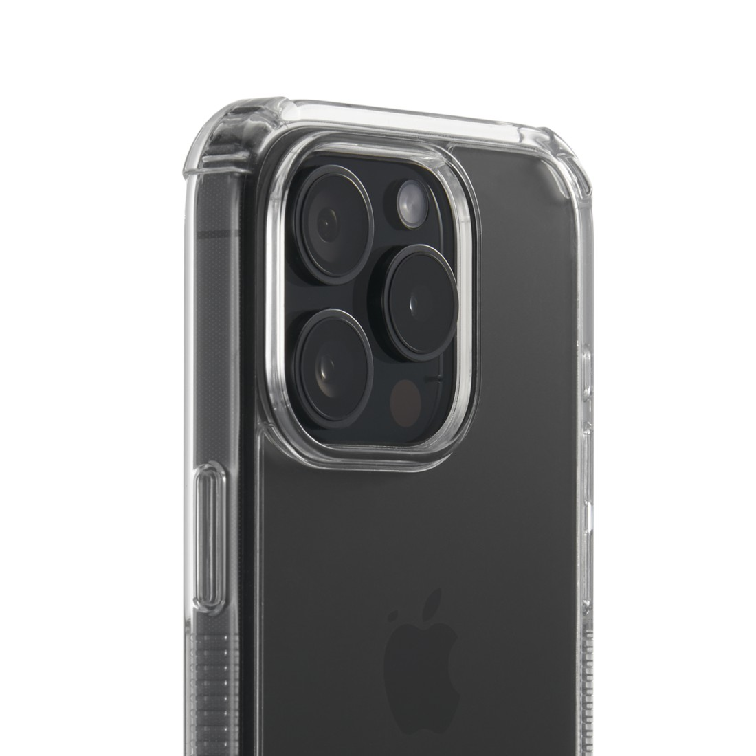 Nahaufnahme einer transparenten Handyhülle auf einem schwarzen Telefon, mit drei Kameralinsen sichtbar.