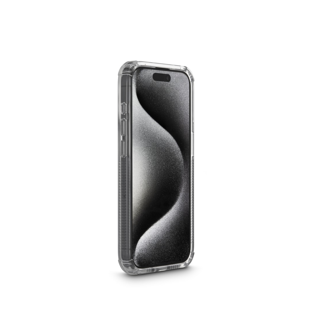 Ein Smartphone in einer transparenten Hülle, mit einem dunklen Hintergrund auf dem Bildschirm.