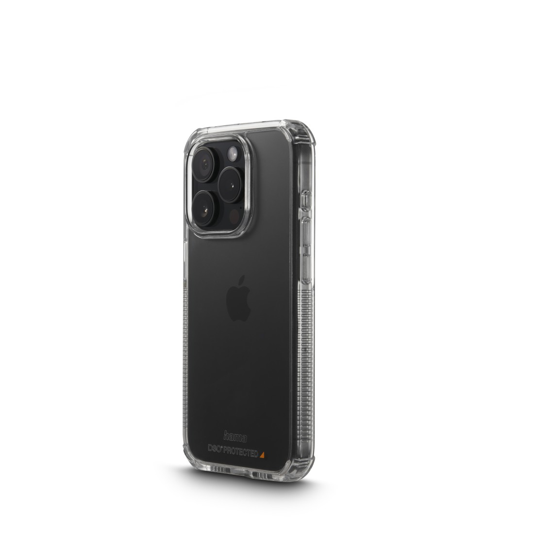 Eine transparente Handyhülle, die die Rückseite des Telefons und die Kamera zeigt.