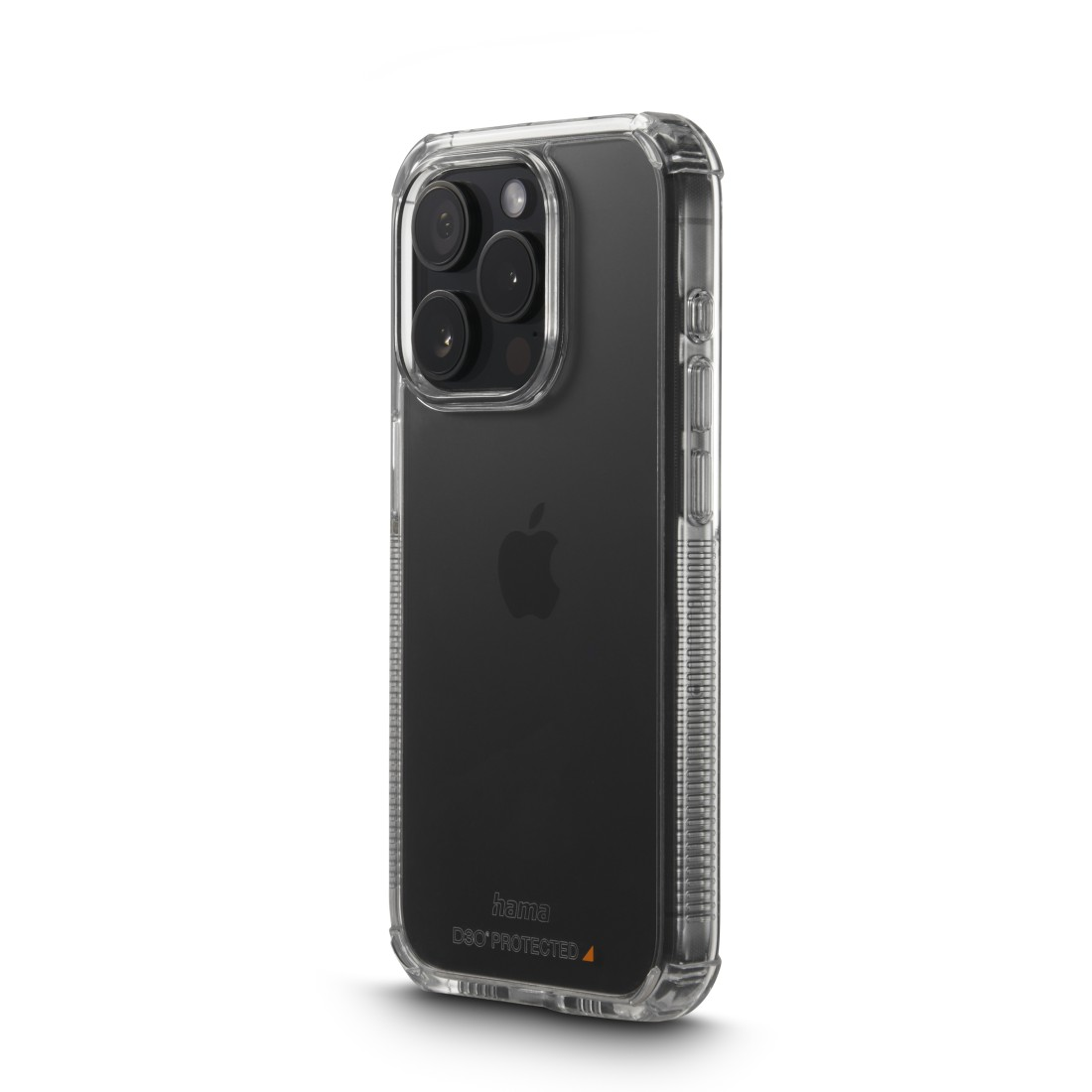 Schwarzes iPhone in einer transparenten Hülle, abgewinkelt vor weißem Hintergrund, Apple-Logo.