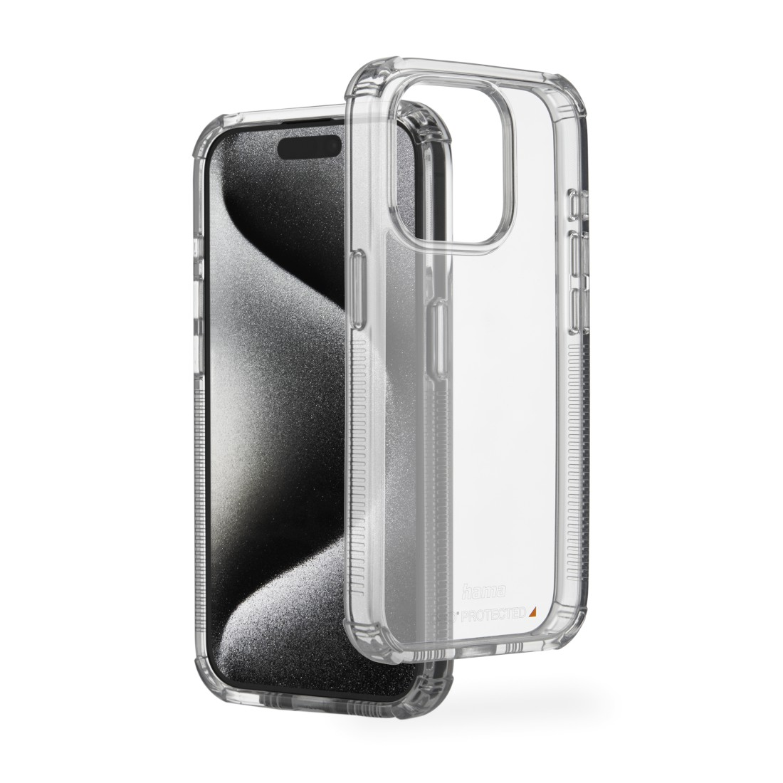 Eine transparente Handyhülle, offen, mit einem Telefon darin. Der Telefonbildschirm ist schwarz.