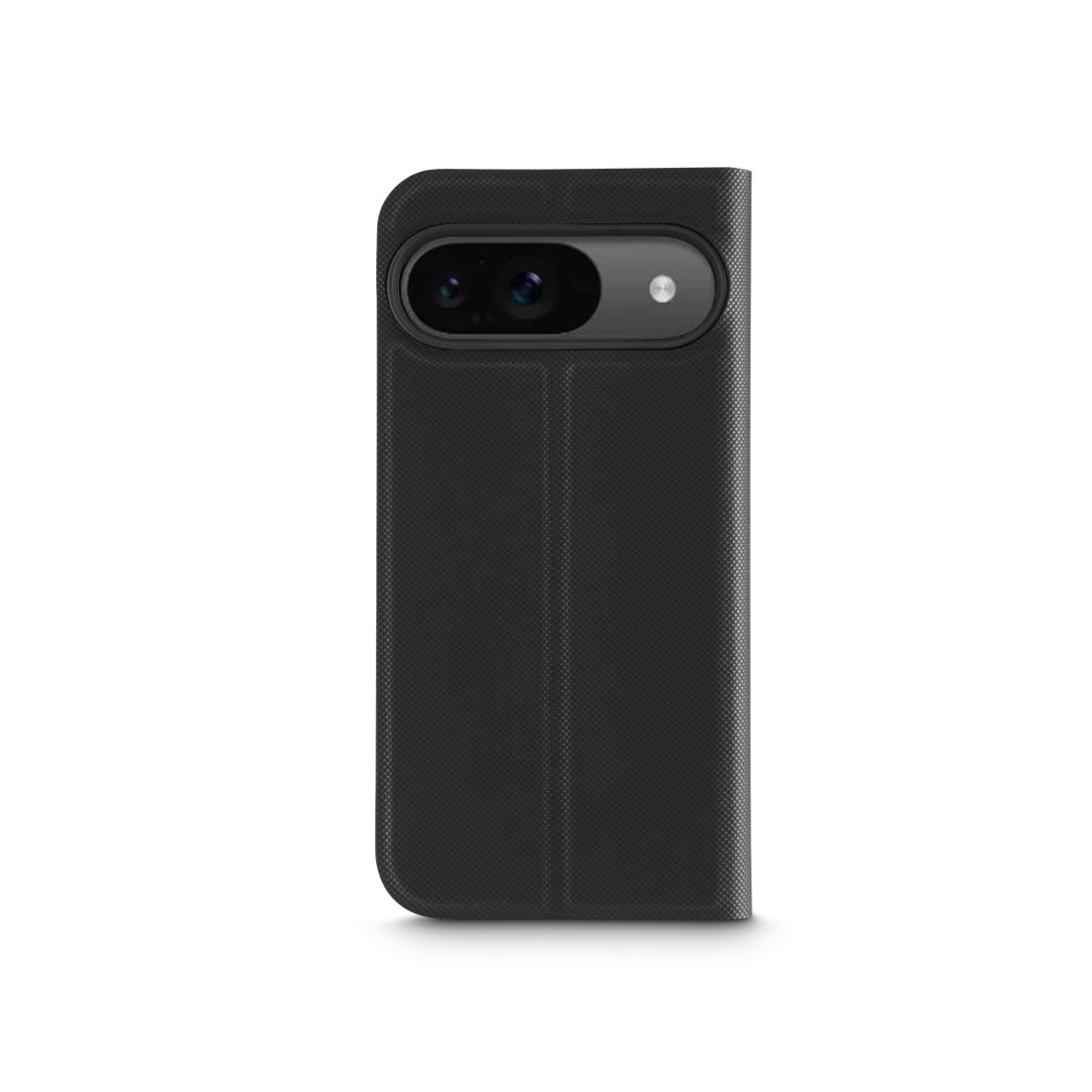 Schwarze Handyhülle mit Google Pixel 7 Pro, geschlossen, vor weißem Hintergrund.