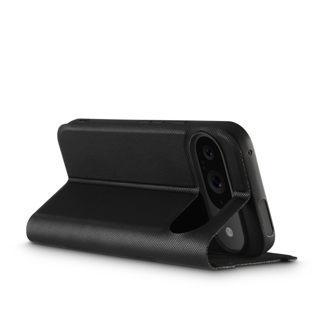 Eine schwarze Handyhülle, geöffnet, um ein Telefon zu zeigen. Die Hülle hat eine strukturierte Oberfläche.