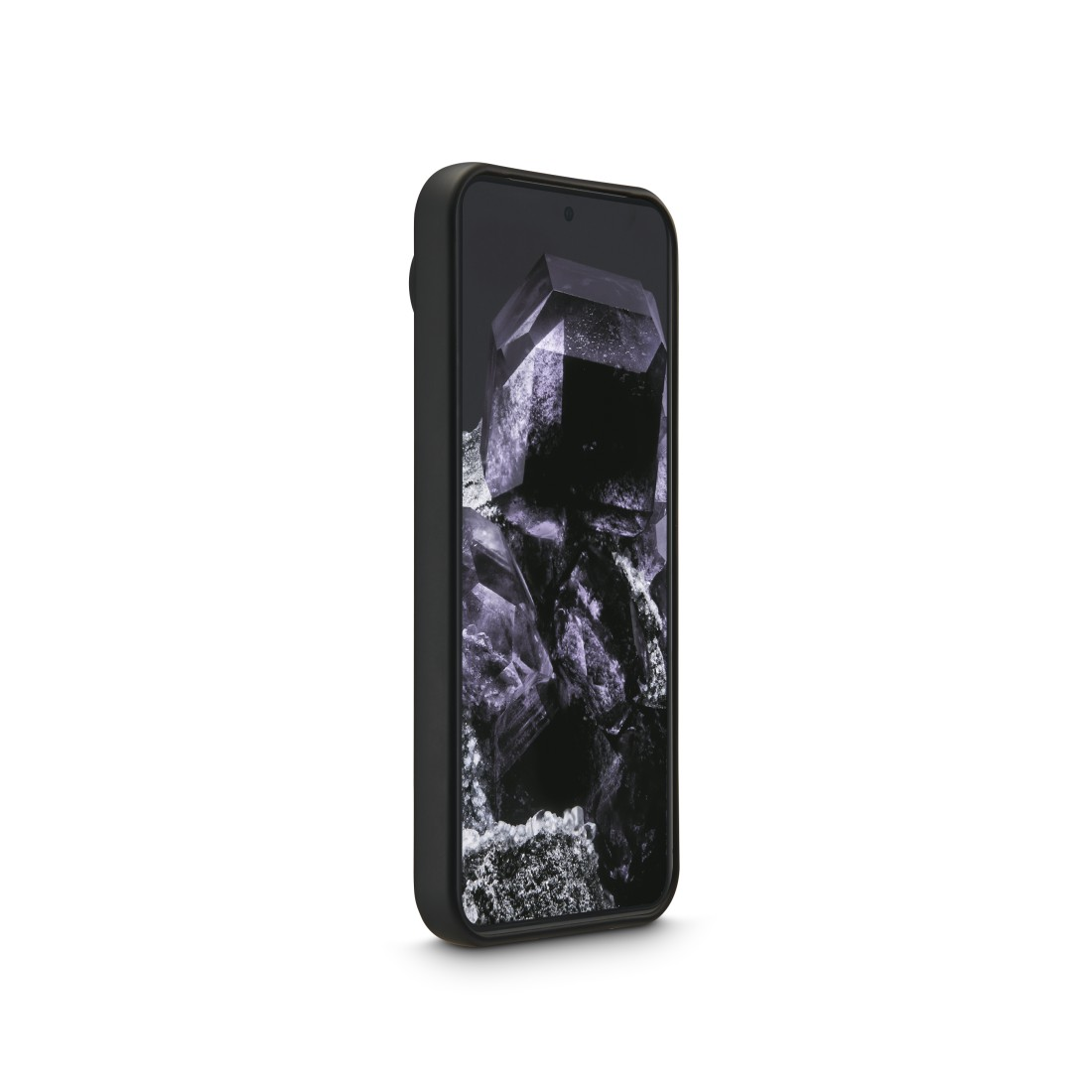 Schwarzes Smartphone mit dunklem Edelstein-Design auf dem Bildschirm, Seitenansicht.