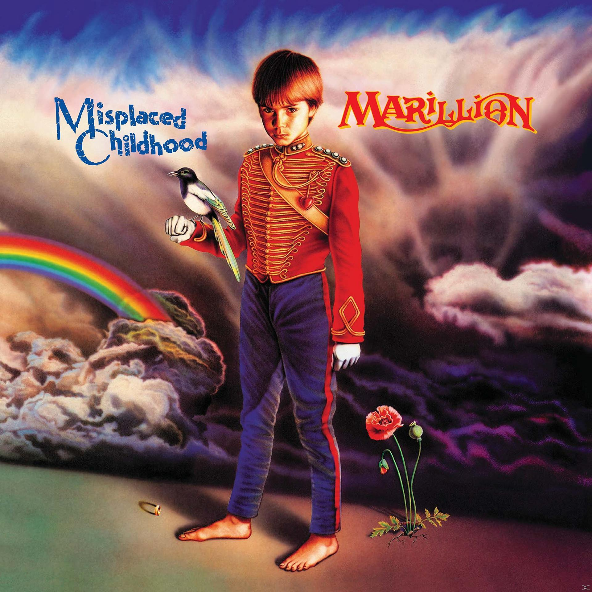 Album borító: Marillion 'Misplaced Childhood'. Piros ruhás fiú madárral, szivárvánnyal és pipaccsal.