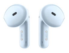 Jasnoniebieskie słuchawki douszne. Dwie słuchawki, każda o zaokrąglonym kształcie.