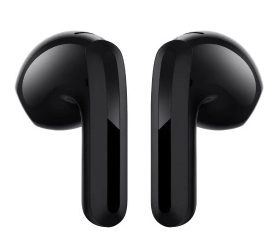 Dwie czarne bezprzewodowe słuchawki, skierowane do siebie na białym tle.