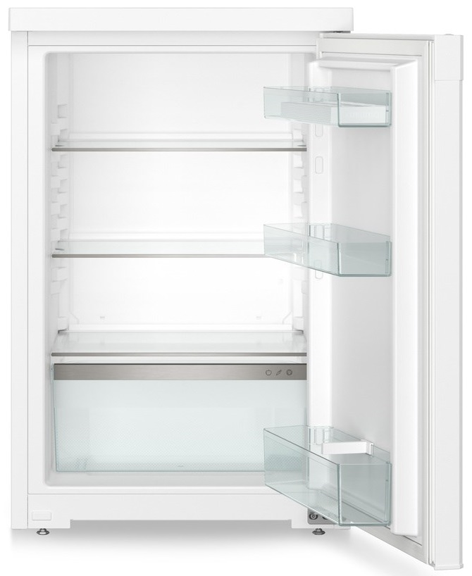 Biała lodówka z otwartymi drzwiami. Szklane półki i szuflady są widoczne wewnątrz lodówki.