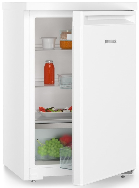 Biała lodówka z lekko otwartymi drzwiami, ukazująca wnętrze.