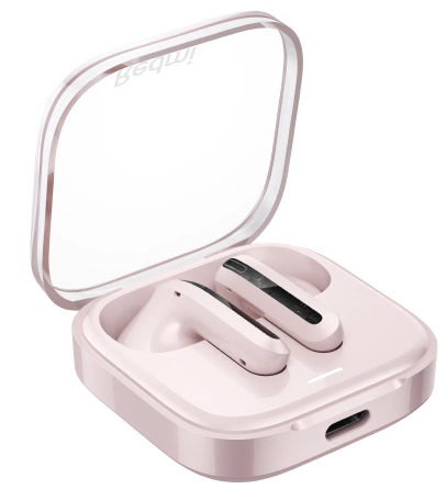 Różowe bezprzewodowe słuchawki w otwartym etui ładującym.