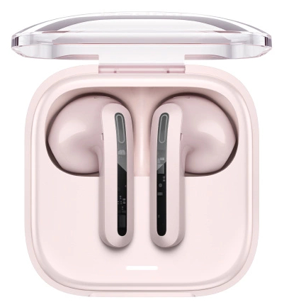 Różowe słuchawki w etui ładującym, otwarte i skierowane w stronę widza.