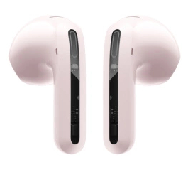 Dwa jasnoróżowe bezprzewodowe słuchawki douszne. Słuchawki mają mały, zaokrąglony kształt i są obok siebie.