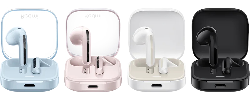 Cztery pary słuchawek w etui w różnych kolorach.