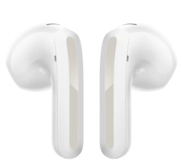 Dwa białe słuchawki, lekko pochylone, na białym tle.