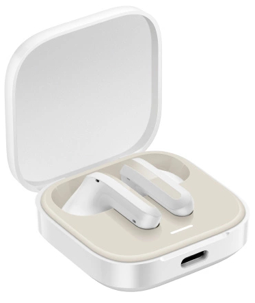 Białe bezprzewodowe słuchawki w otwartym, białym etui ładującym na białym tle.