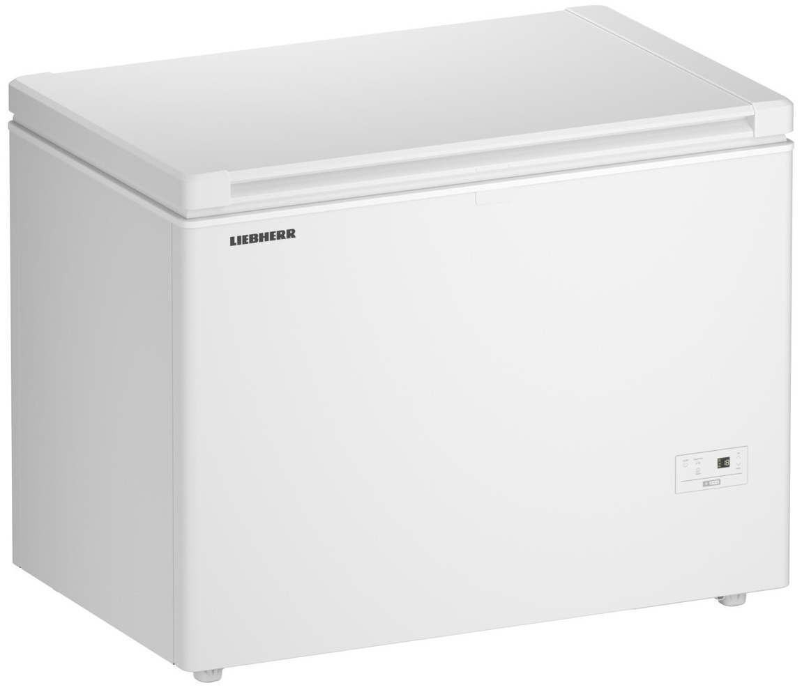 Biała zamrażarka skrzyniowa z marką 'LIEBHERR'. Pokrywa jest zamknięta.