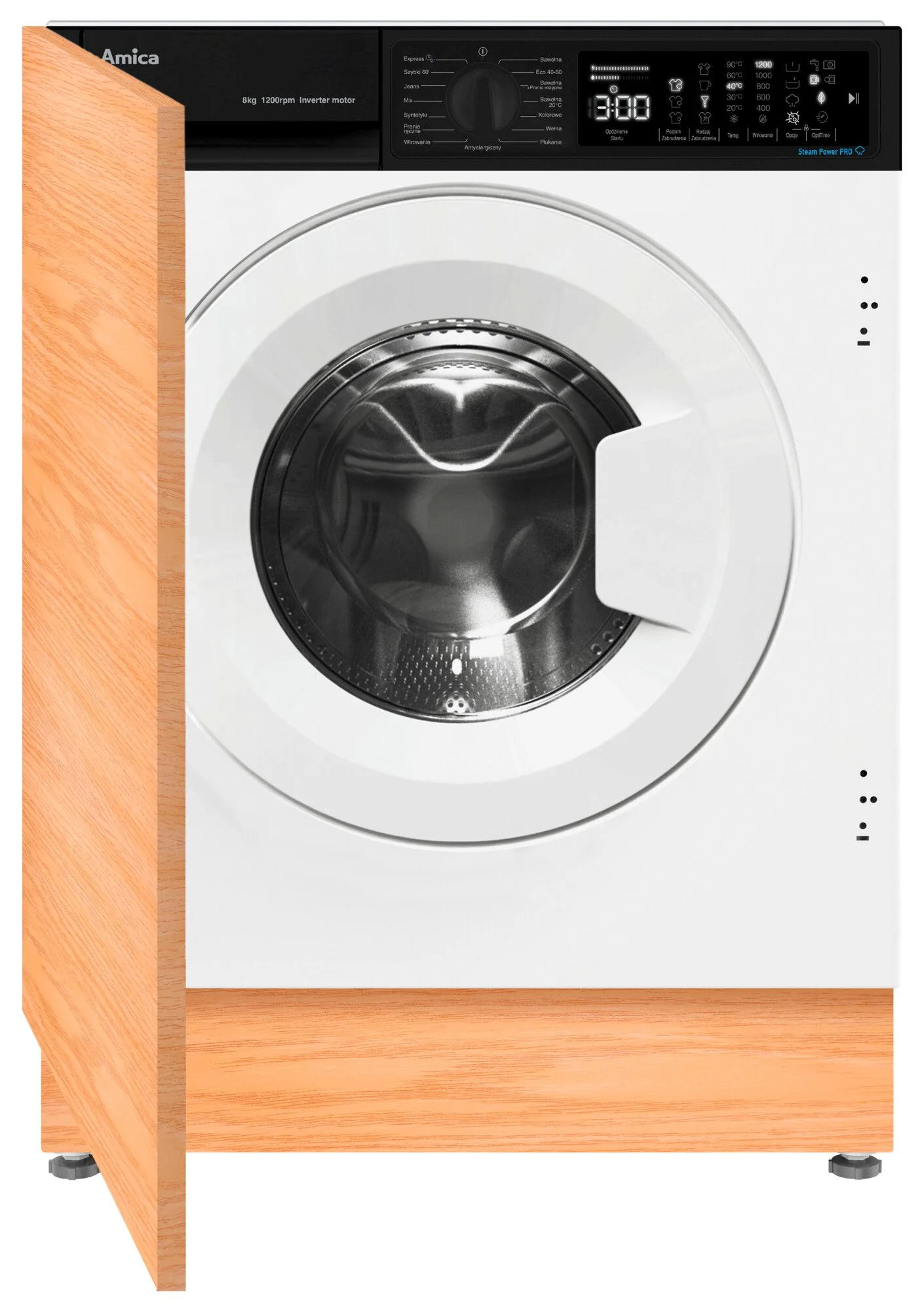 Pralka wbudowana w drewnianą szafkę. Drzwi są otwarte.