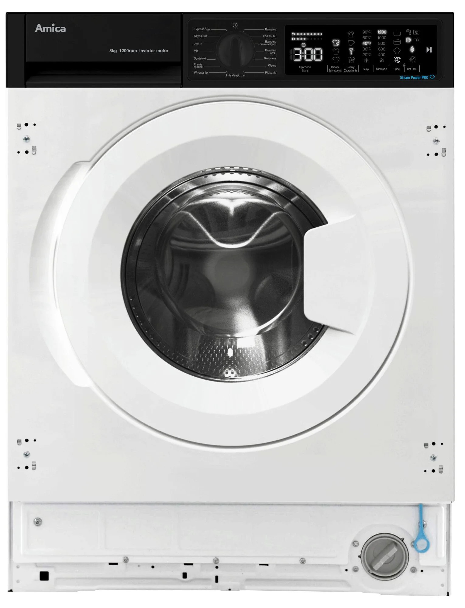 Biała pralka z czarnym panelem górnym, białymi drzwiami, wyświetlaczem cyfrowym i przyciskami.