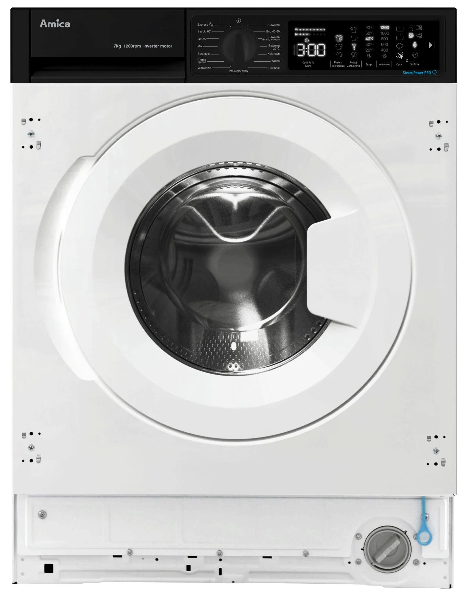 Biała pralka. Panel sterowania jest czarny z cyfrowym wyświetlaczem. Drzwi są okrągłe i białe.