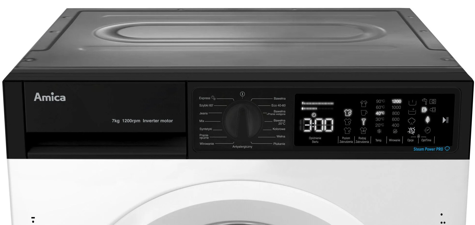 Zbliżenie panelu sterowania pralki. Czarno-biały, wyświetlacz cyfrowy, różne przyciski.