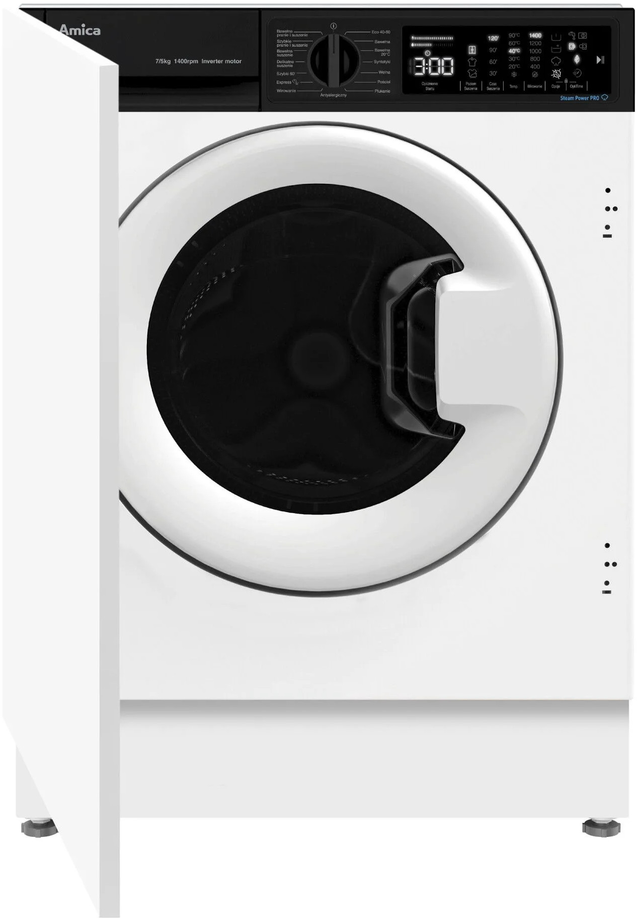 Biała pralka, czarny panel sterowania, otwarte drzwi, biała szafka i stopa na podłodze.