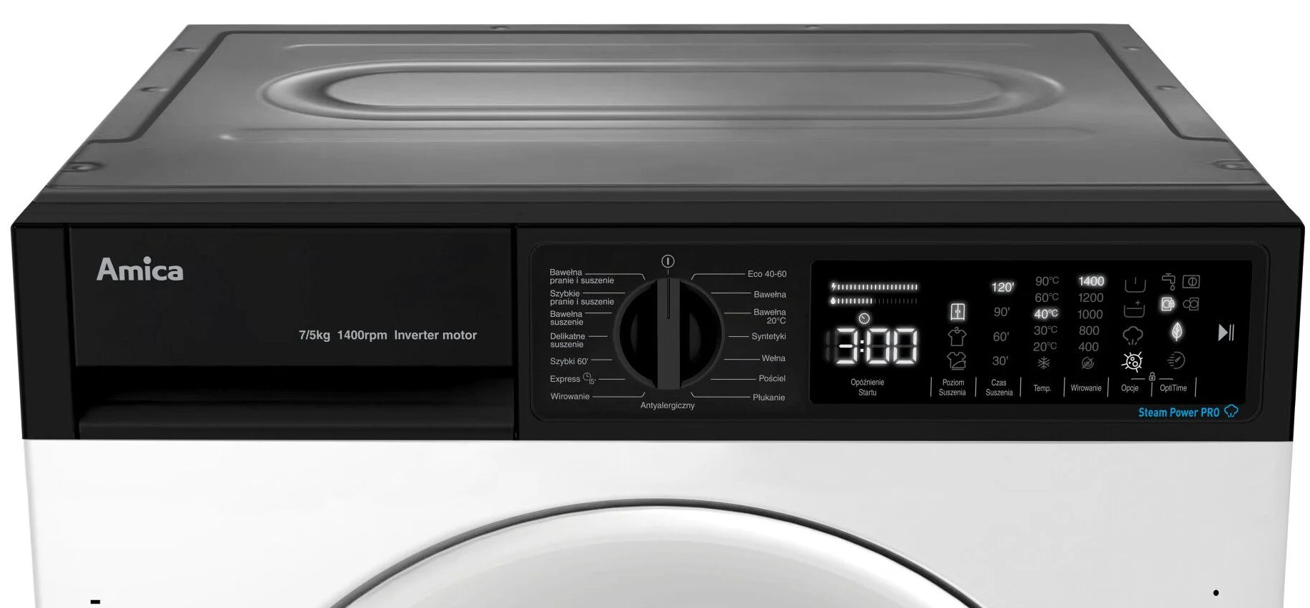 Panel sterowania pralki. Czarny z wyświetlaczem cyfrowym i przyciskami. Kolory biały i czarny.