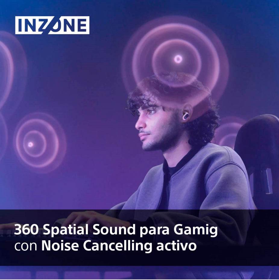 Un hombre usando auriculares mientras juega, con la palabra INZONE y otro texto. Fondo morado.