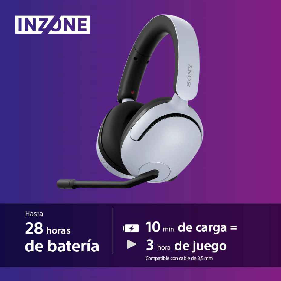 Auriculares gaming blancos y negros, texto abajo, fondo morado con texto.