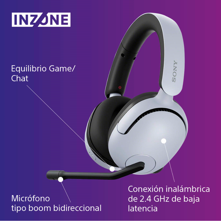 Auriculares para juegos Sony blancos y negros con micrófono, sobre fondo morado degradado.