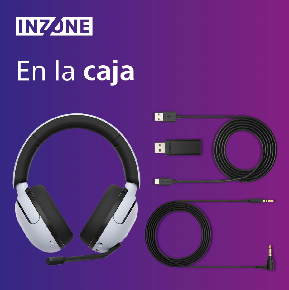 Imagen de auriculares, cables y un adaptador USB con el texto 'En la caja'.