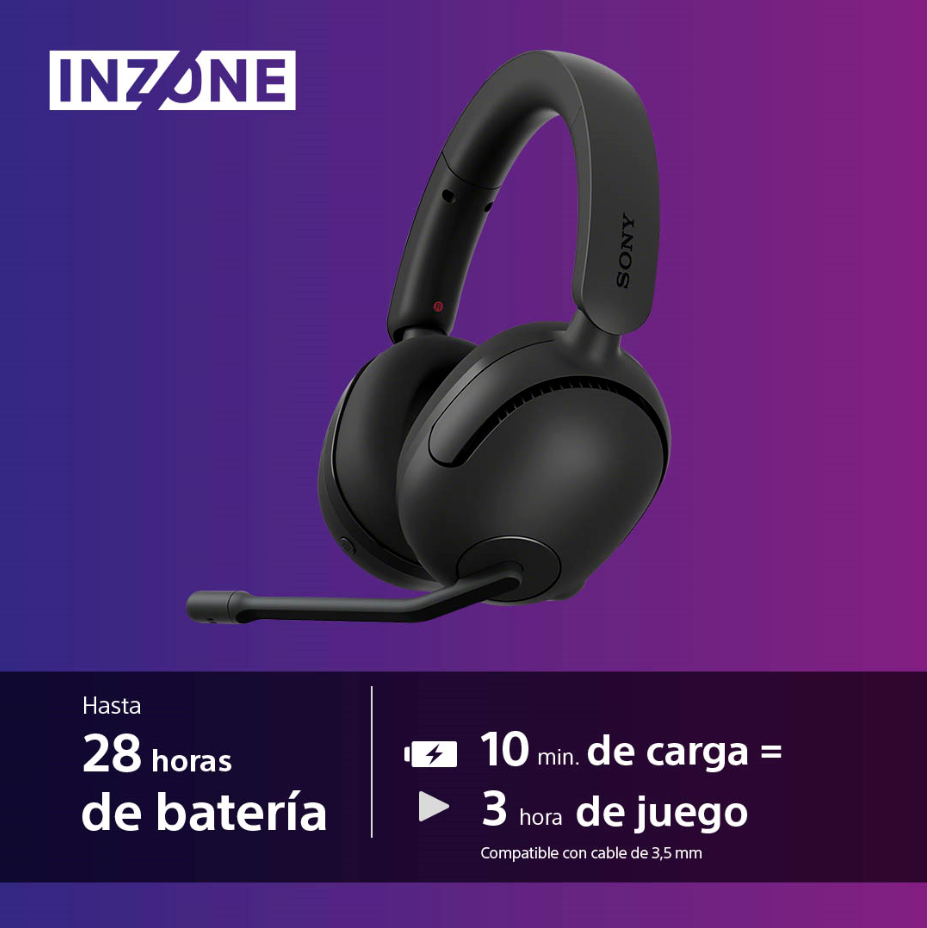 Un auricular Sony INZONE negro con micrófono de brazo. Texto: 28 horas de batería, 10 min de carga = 3 horas de juego.