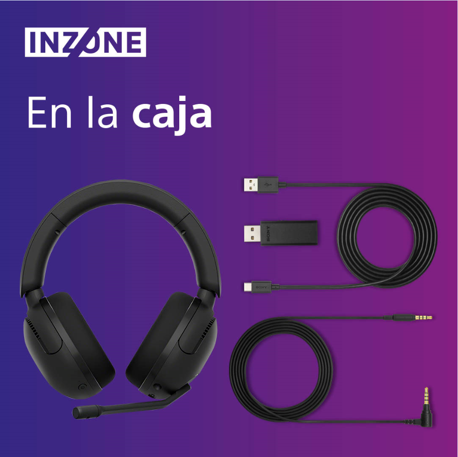 Auriculares para juegos negros y accesorios en una caja, sobre un fondo degradado.