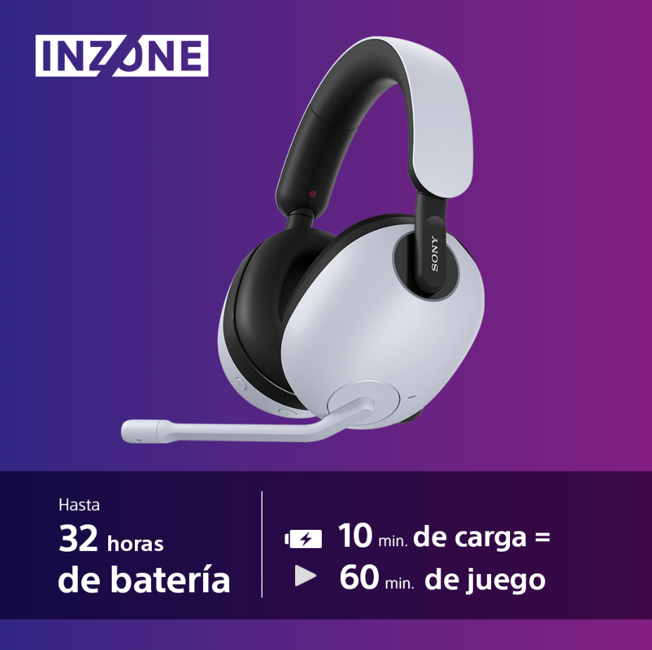 Auriculares gaming blancos y negros con micro, sobre fondo degradado.