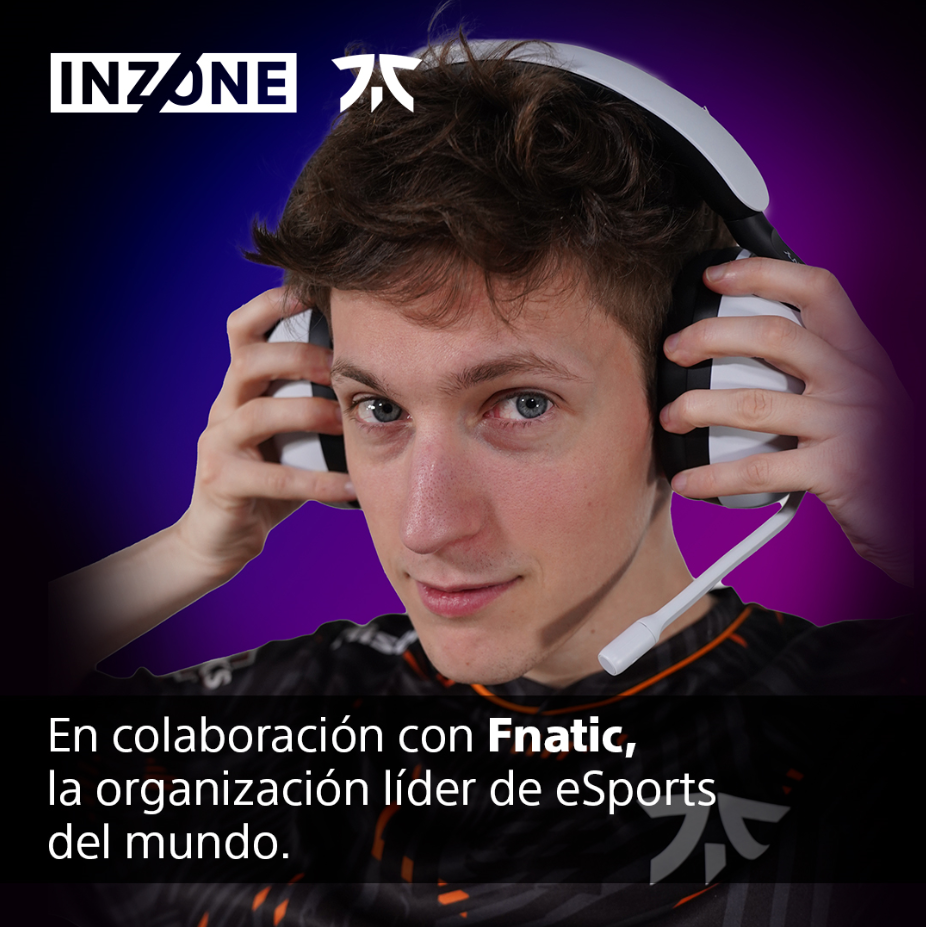 Un joven con auriculares con los logotipos de INZONE y Fnatic, con texto sobre la asociación.