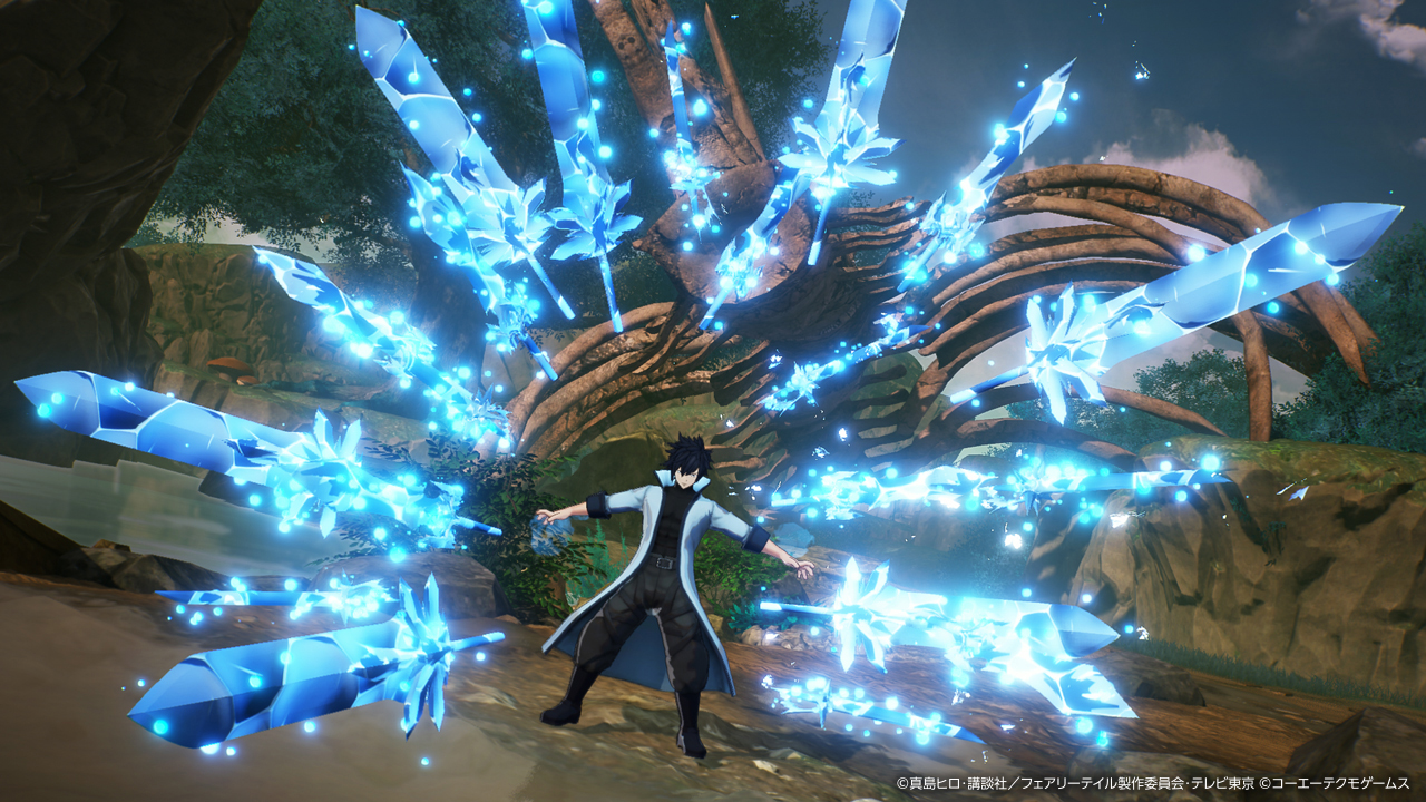 Postać z anime w białym płaszczu z niebieskimi mieczami energii. Tło przedstawia las i powalone drzewo.