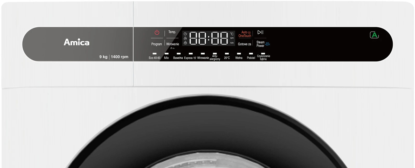 Panel pralki z cyfrowym wyświetlaczem pokazującym czas i ustawienia.