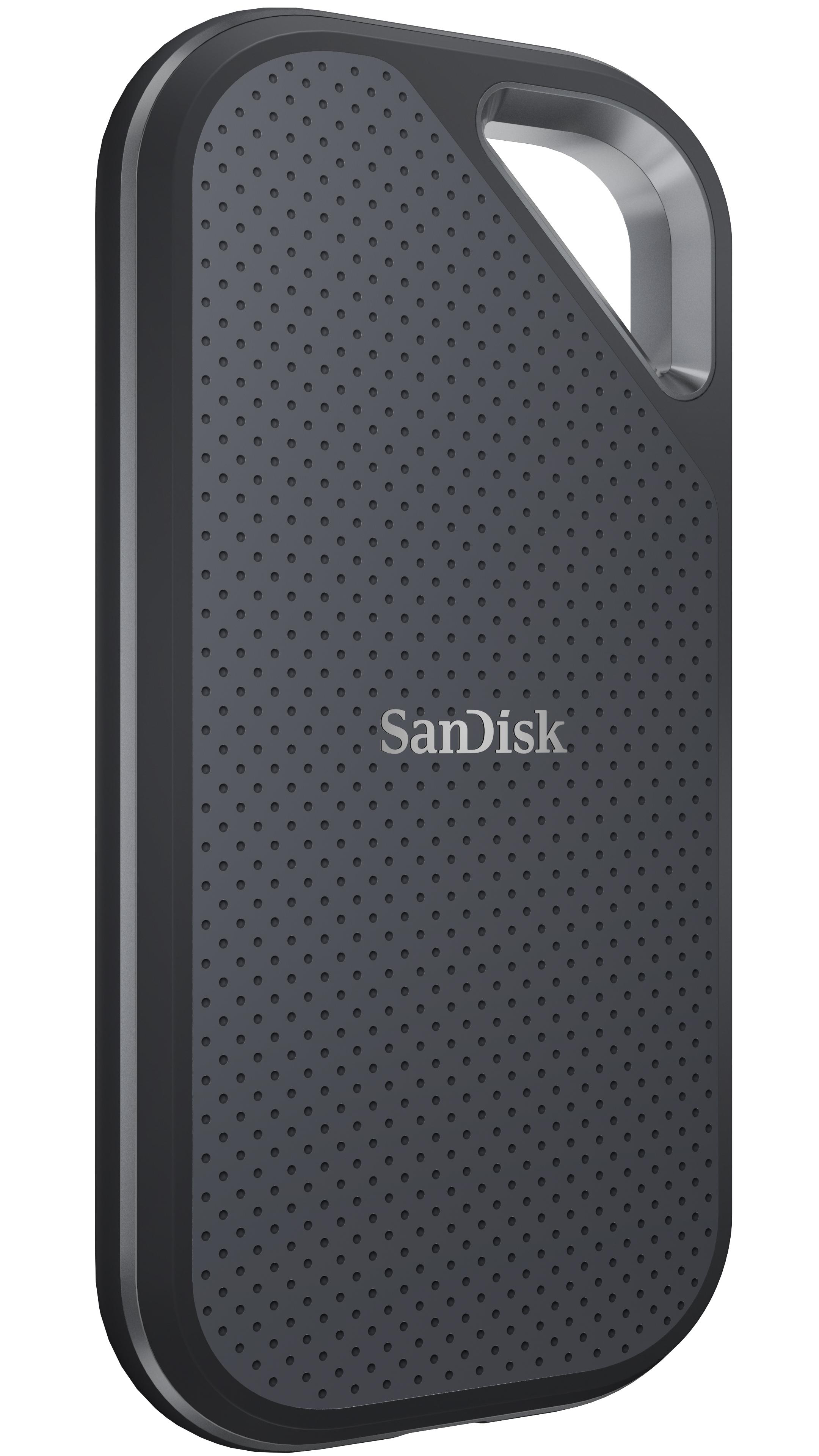 Eine dunkelgraue externe Festplatte von Sandisk. Abgerundete Kanten, mit einer Schlaufe für ein Schlüsselband.