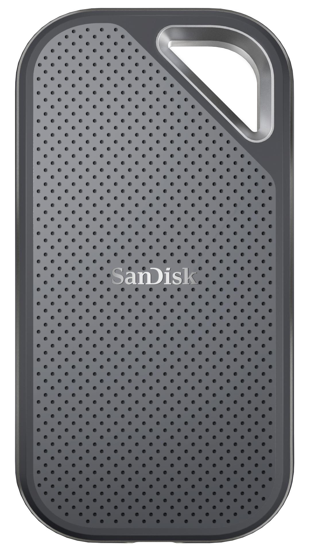 Graue tragbare Festplatte mit SanDisk-Logo und vielen kleinen Löchern.