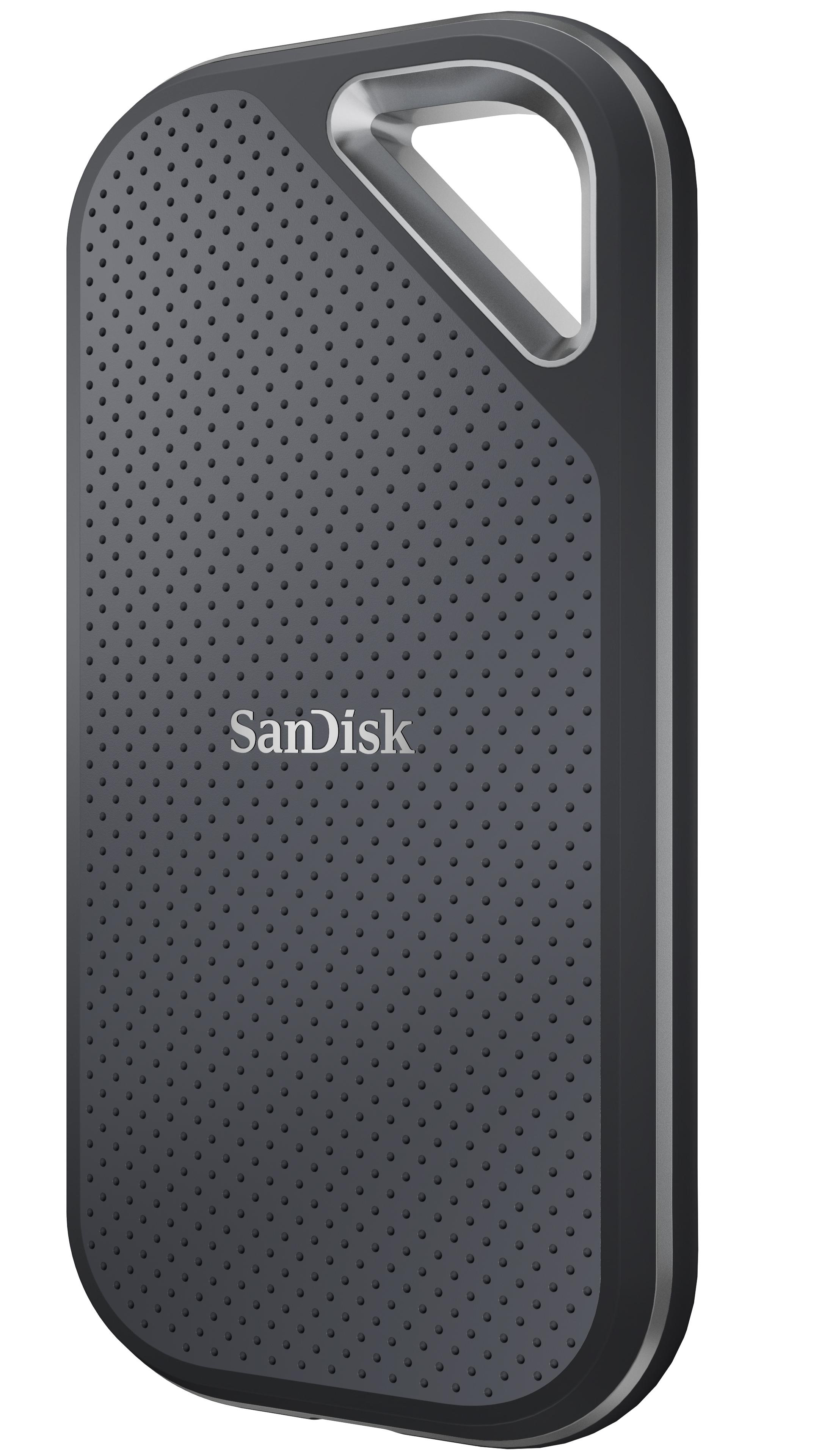 Eine dunkelgraue externe Festplatte von SanDisk. Sie hat eine Schlaufe und eine gepunktete Textur.
