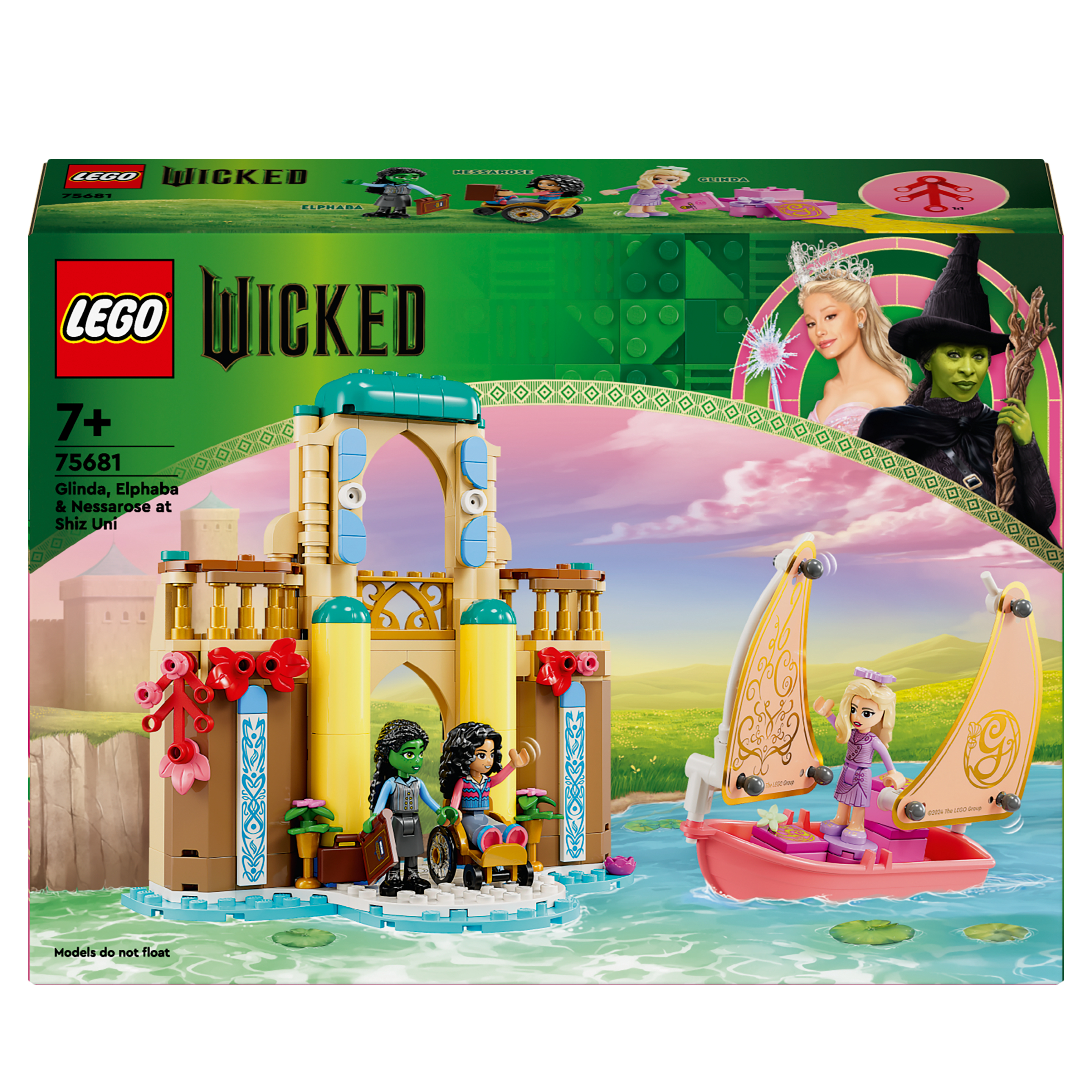 Lego-Set-Box, mit Lego-Figuren und einer Burgszene, auf einem See mit grünem Hintergrund.